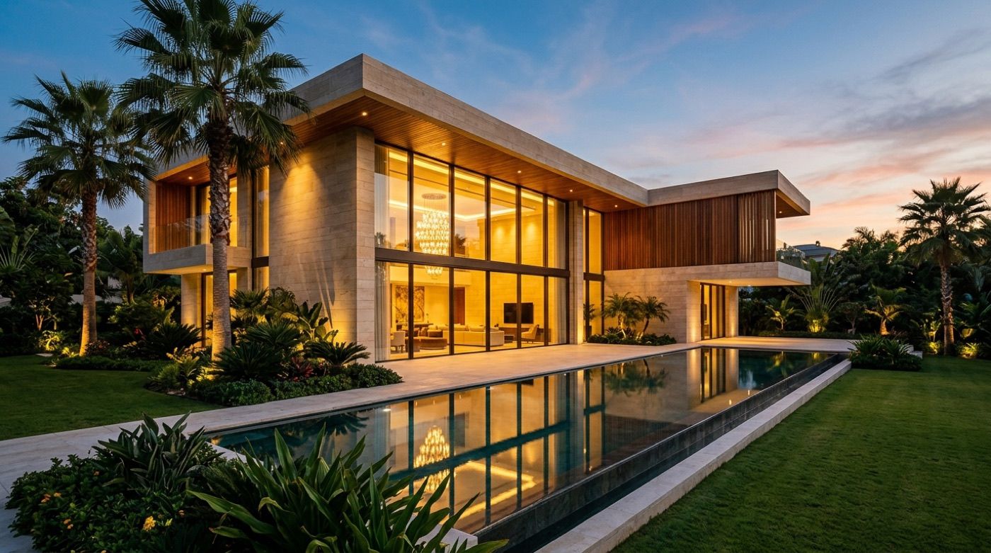 Grand Zenith Villa at dusk: a three-level house with a double-height glass façade and a long reflecting pool