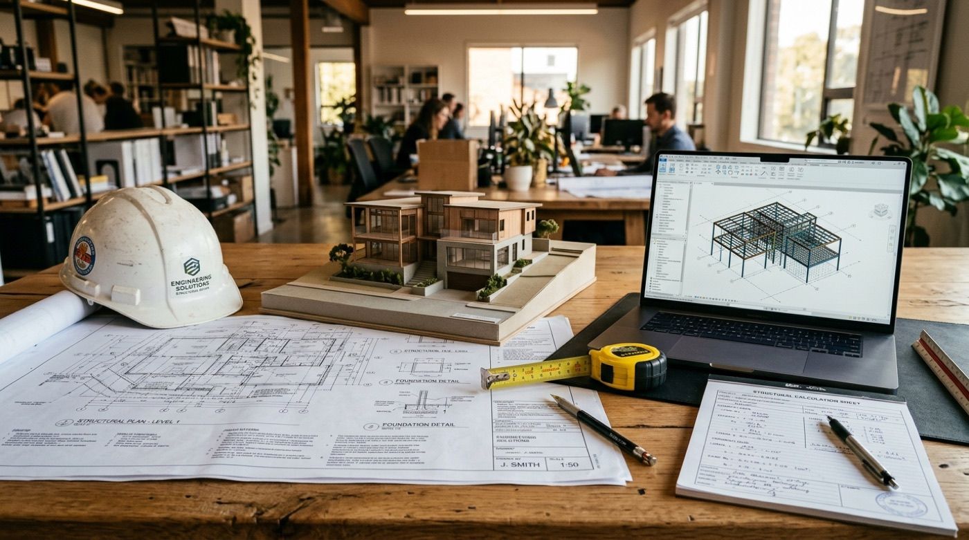 Structural drawings, a scale model and a laptop on an engineer's desk — where a managed build is planned and tracked