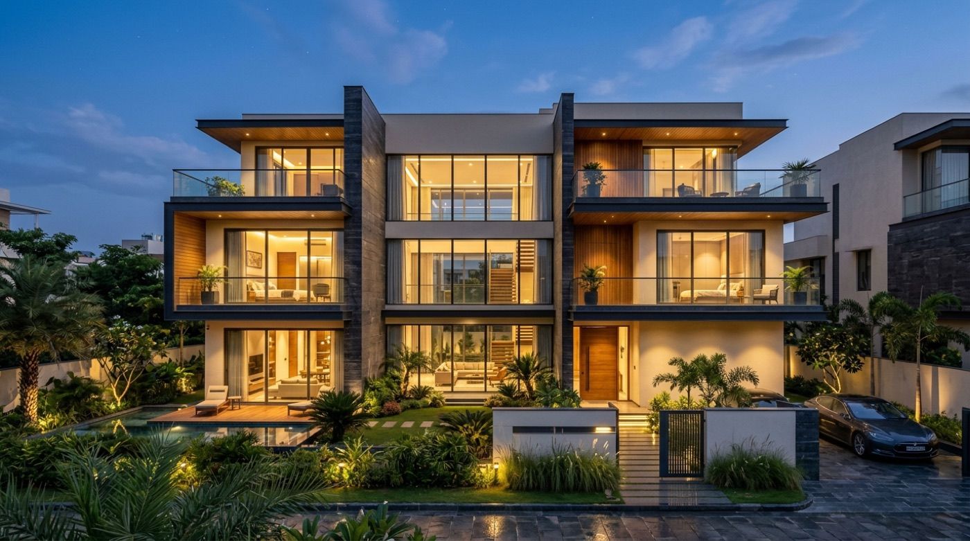 Skyline Triplex Residence in Danapur Greens, Patna: three levels with cantilevered glass balconies, lit at dusk